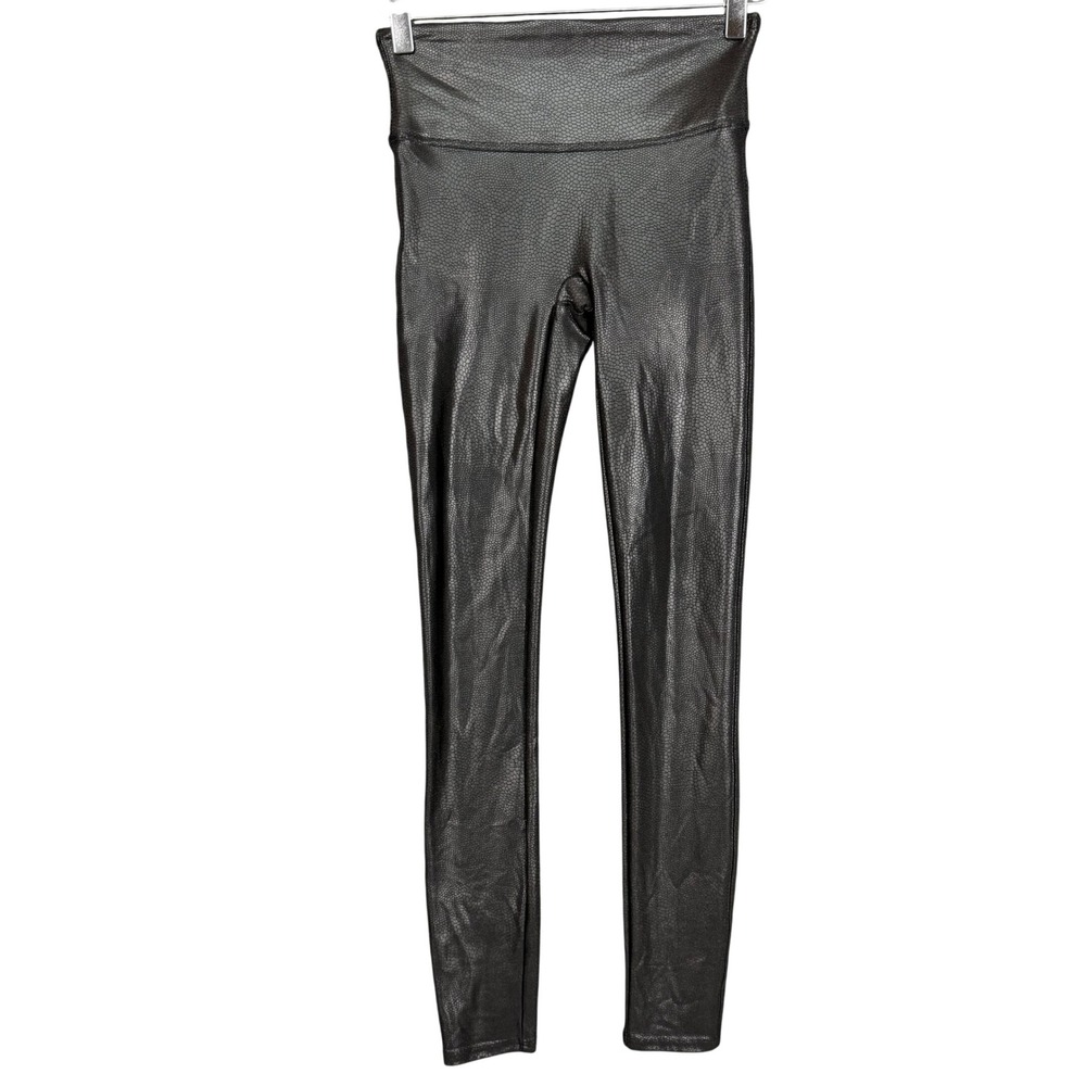 SPANX Leggings Womens Small Black‎ Faux Leather Snake Print High Waist Pull On